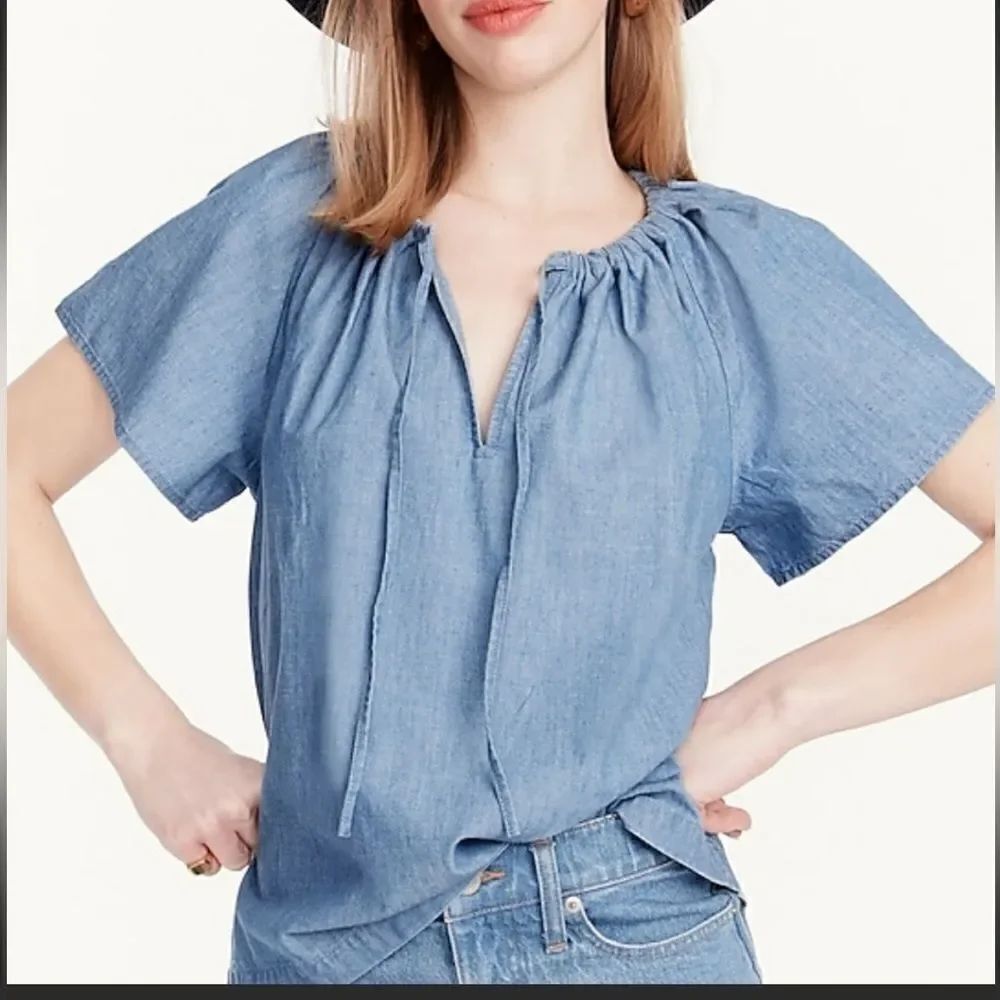 J Crew Tie Neck Chambray Top size M